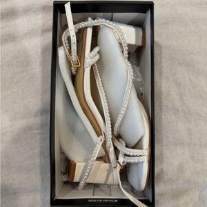 Lulu’s Makenna White Pearl Satin Strappy Ankle Strap Low Heel Sandals - Size 8